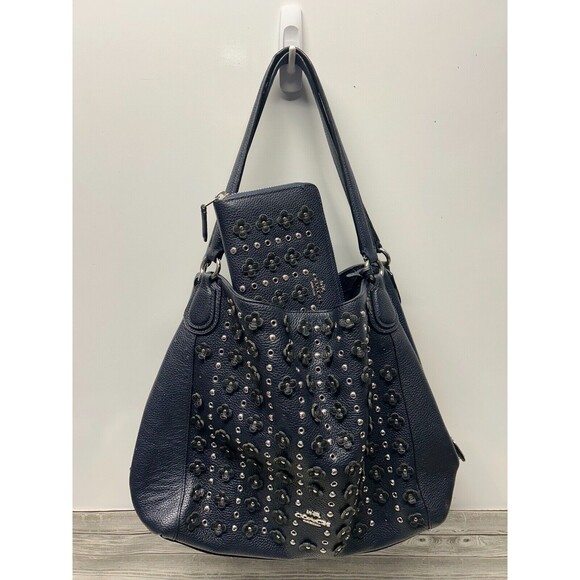Coach Edie 31 Leather Shoulder Bag in Floral Rivets Navy Blue Handbag & Wallet - Picture 1 of 11